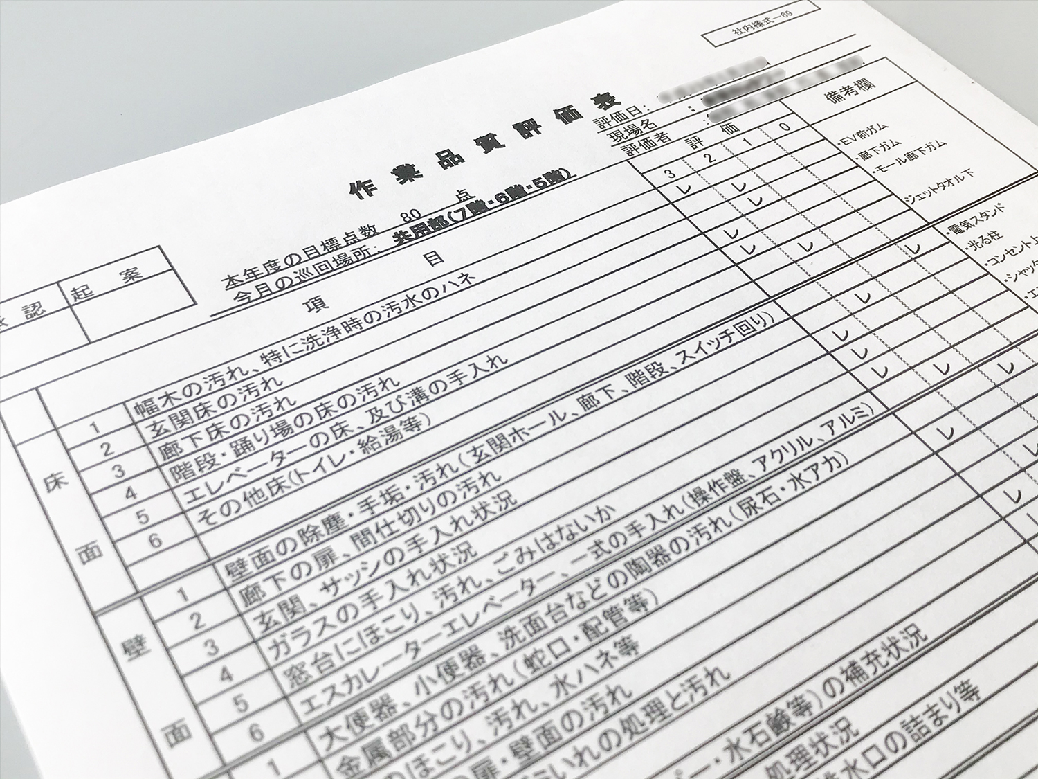 インスペクションに使用するチェックシート